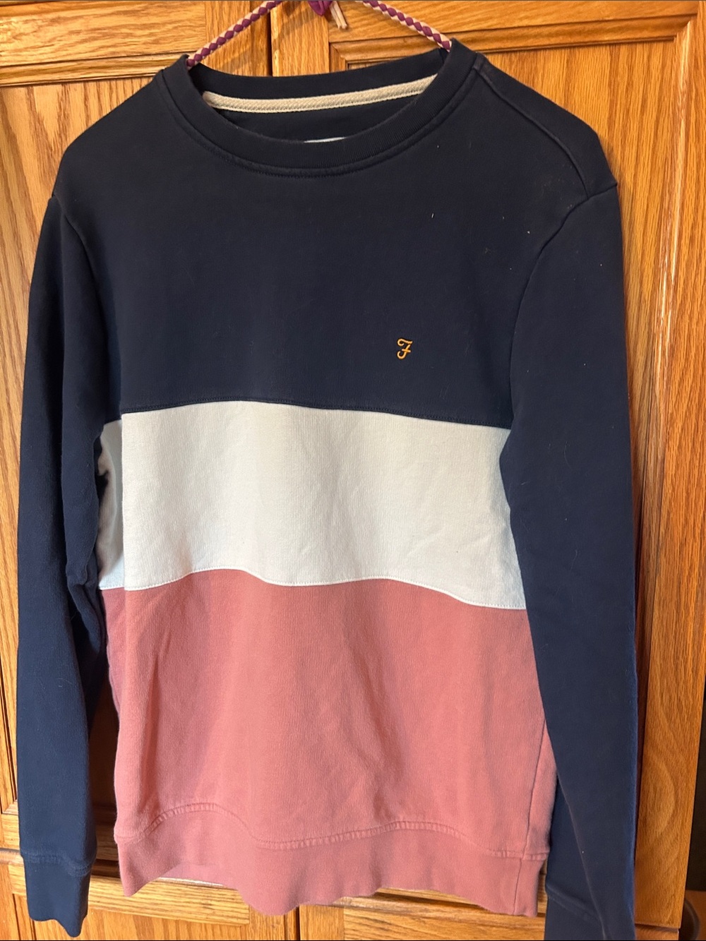 Farah Navy, White & Dusty Rose Colorblock Crewneck Sweater